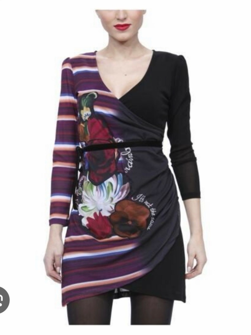 Floral Wrap-Style V-Neck Dress in Multi-Color